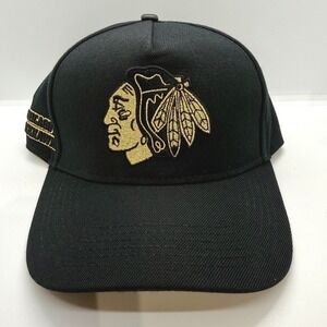 Chicago Blackhawks NHL Pro Standard Snapback Hat Black Gold‎ Pin Leather Button